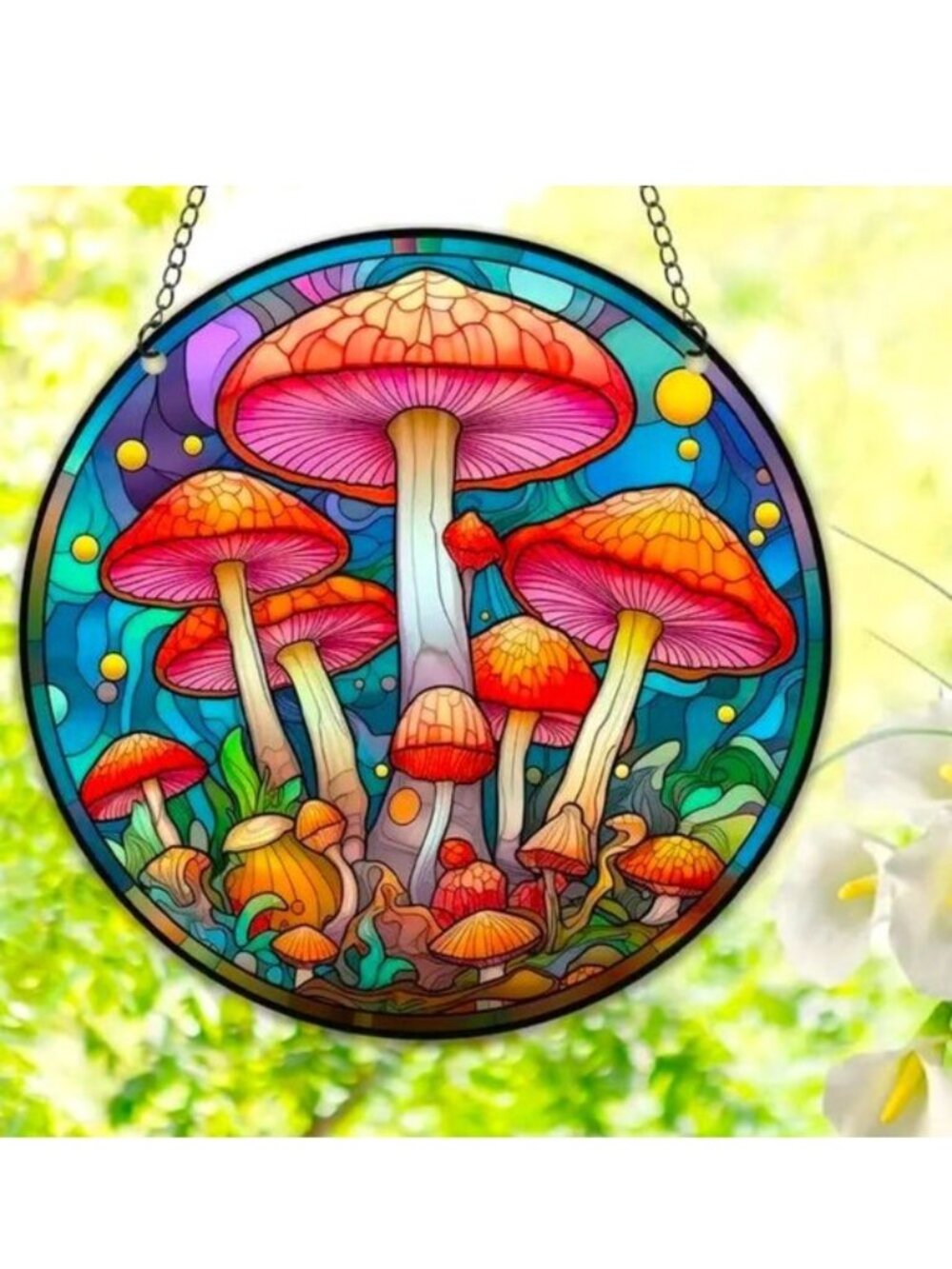 Mushroom Suncatcher Garden Trippy Wonderland Hanging Chain Colorful In/Outdoor